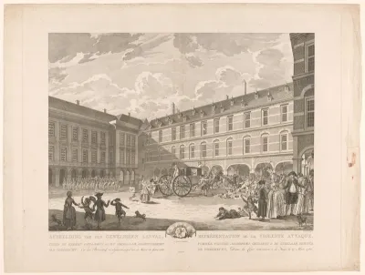 Ongeregeldheden als de Gedeputeerden van Dordrecht door de Stadhouderspoort rijden op het Binnenhof, 1786