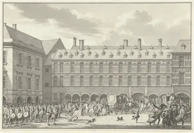Ongeregeldheden als de Gedeputeerden van Dordrecht door de Stadhouderspoort rijden op het Binnenhof, 1786