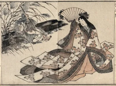Ono no Komachi, a poetess, shown in youth (wearing an elaborate robe, and holding a fan) and in old age