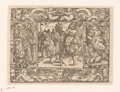 Onthoofden van een man, in een omlijsting met David en Goliath en Jael en Sisera