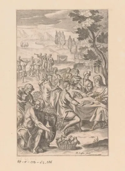 Ontmoeting tussen Calasiris en enkele Fenicische koopmannen tijdens een feest