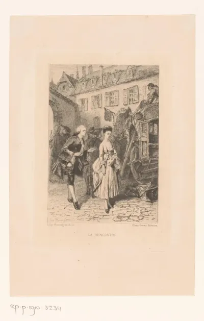 Ontmoeting tussen Manon Lescaut en Chevalier des Grieux bij een koets