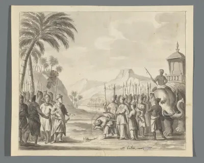 Ontmoeting tussen twee legers met koningen, één koning buigt en legt zijn kroon neer voor de ander