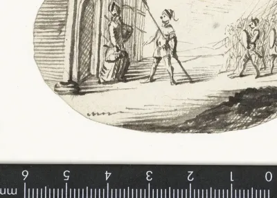 Ontmoeting van een bisschop (?) en soldaten voor een kasteel of stadspoort