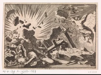 Ontploffing van buskruit door een blikseminslag in het kasteel op het eiland Guernsay, 1673