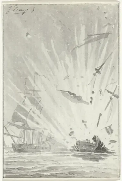 Ontploffing van het Nederlandse kaperschip De Dappere Patriot in gevecht met het Engelse schip Kameleon, 14 augustus 1781