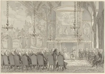 Ontvangst van Prins Willem V en Wilhelmina van Pruisen in de Raadzaal van het Stadhuis van Amsterdam