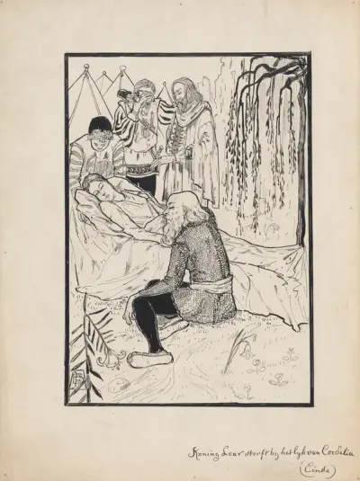 Ontwerp illustratie voor King Lear van Shakespeare: Koning Lear sterft bij het lijk van Cordelia