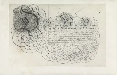 Ontwerp van een schrijfvoorbeeld: Der konigh vonn Macedonien (...)