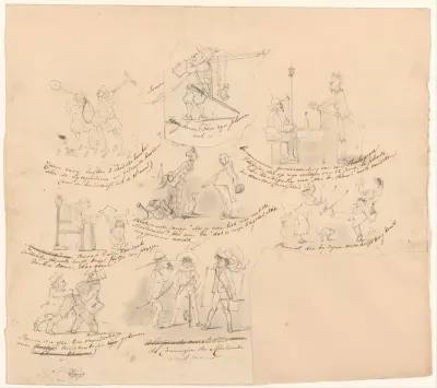 Ontwerp voor Almanakprent: acht voorstellingen die verband houden met de Leidse Maskerade van 1850