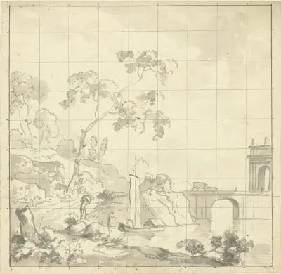 Ontwerp voor behangschildering: Arcadisch landschap