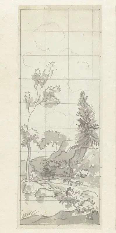 Ontwerp voor behangselschildering met heuvelachtig landschap