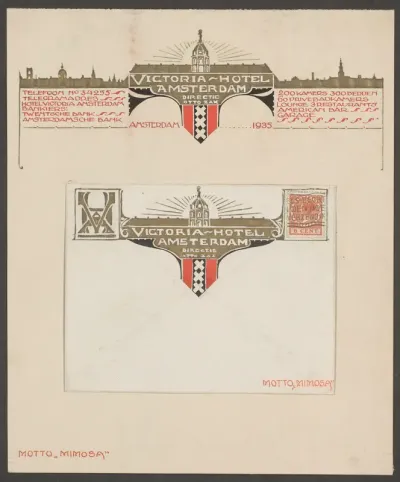 Ontwerp voor briefpapier en een envelop van het Victoria Hotel in Amsterdam