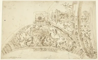 Ontwerp voor de beschildering van een gewelf met figuren, putti, dieren en ornamenten