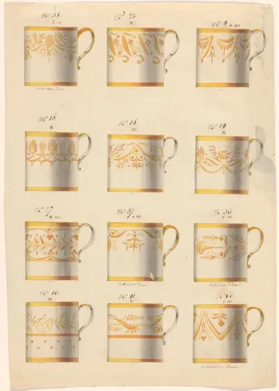 Ontwerp voor de beschildering van twaalf porseleinen koffiekoppen