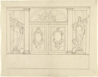 Ontwerp voor de decoratie van een door pilasters gelede wand met dubbele deur