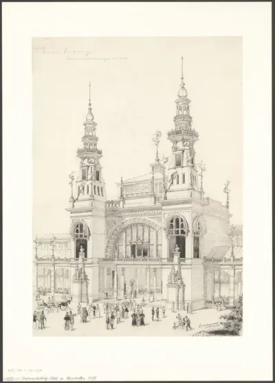 Ontwerp voor de entree van het hoofdgebouw van de Wereldtentoonstelling voor het Hotel- en Reiswezen 1895