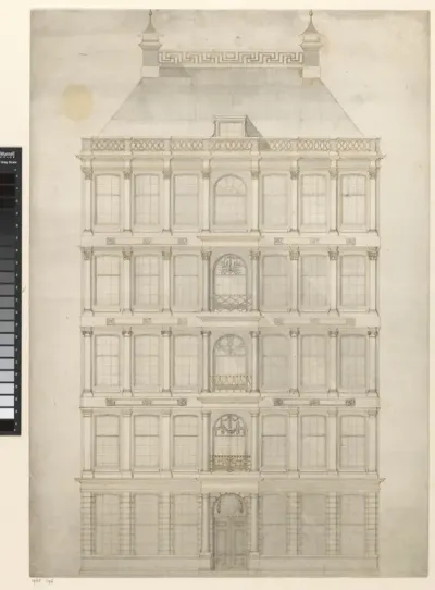 Ontwerp voor de gevel van een gebouw met vier verdiepingen