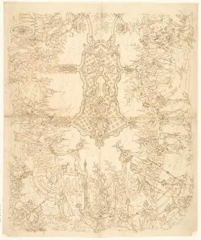 Ontwerp voor de helft van een plafond met exotische, vermoedelijk Chinese voorstellingen, met een centraal motief van bandwerk