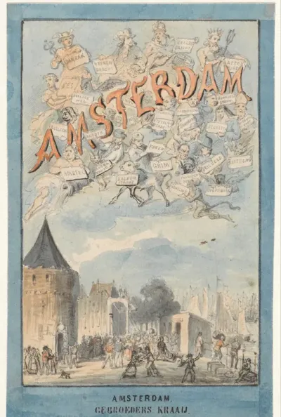Ontwerp voor de omslag van het boek Amsterdam. Oorsprong en afleiding van de namen der grachten (...), van Johannes ter Gouw, 1858