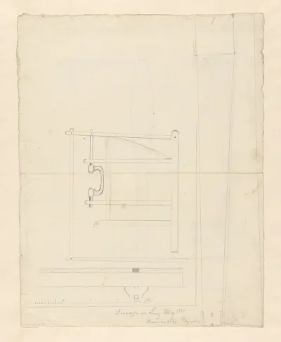 Ontwerp voor de poot van een stoel, en zij- en bovenaanzicht van een werktuig met een draaiend handvat