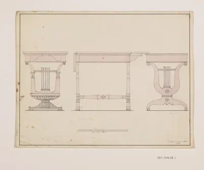 Ontwerp voor de zijkant en de voorzijde van een tafel met liervormige voeten