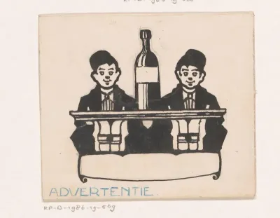 Ontwerp voor een advertentie met twee jongens en een fles