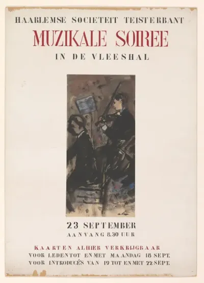 Ontwerp voor een affiche voor een Muzikale soiree in de Vleeshal, georganiseerd door de Haarlemse Sociëteit Teisterbant