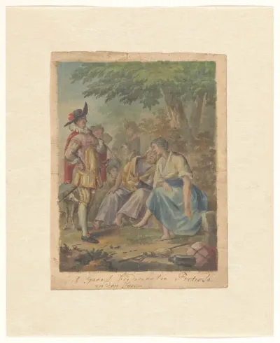 Ontwerp voor een behangselschildering of schilderij met het Spaanse heidinnetje Preciosa en Don Juan