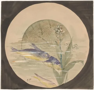 Ontwerp voor een bord met drie blauw-gele, omlaagzwemmende vissen bij een waterplant