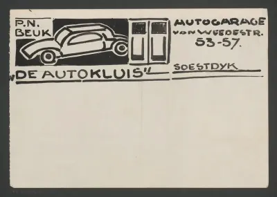 Ontwerp voor een briefhoofd van garage De Autokluis van P.N. Beuk