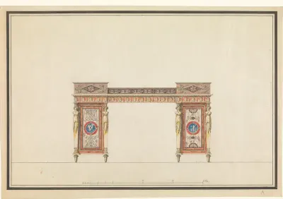 Ontwerp voor een bureau, met een variant in de decoratie van de deuren