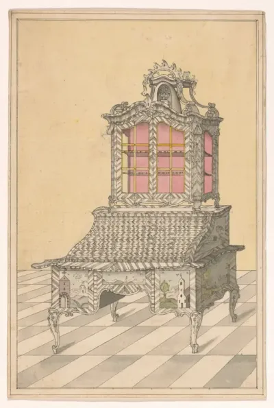 Ontwerp voor een bureau met een vitrineopstand, versierd met marqueterie van landschappen