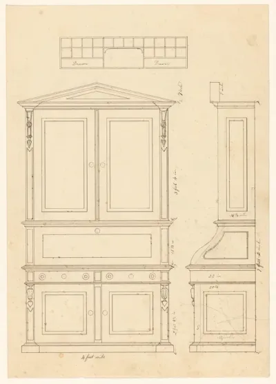 Ontwerp voor een bureau met opstand, met zijaanzicht en detail van het interieur