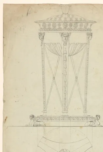 Ontwerp voor een cassolette, met daaronder een bovenaanzicht van de bodem