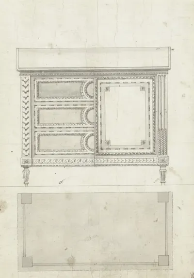Ontwerp voor een commode, met alternatief met deuren