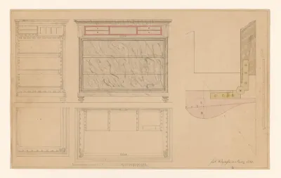Ontwerp voor een commode met een secretaire-lade, met zijaanzicht en plattegronden onder beide aanzichten, en rechts daarvan een scharnier