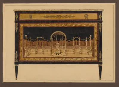 Ontwerp voor een commode met een voorstelling van een beeld van Cupido in een koepelvormig paviljoen op een terras in een tuin