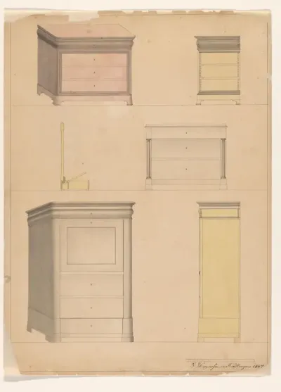 Ontwerp voor een commode met zijaanzicht, een tweede commode met het zijaanzicht van een mechanisme met een hefboom, en een secretaire met een zijaanzicht.