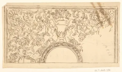 Ontwerp voor een decoratief paneel, wellicht het deksel van een doos, met een leeg rond medaillon binnen een lauwerkrans in het midden