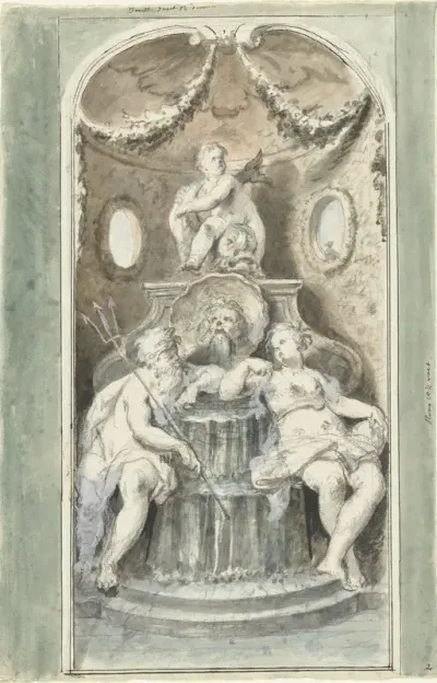 Ontwerp voor een decoratieve schildering met een fontein
