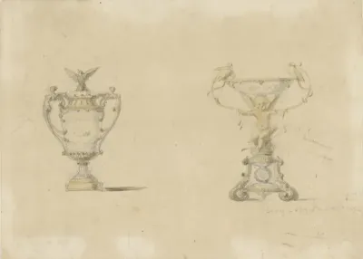 Ontwerp voor een dekselvaas en een coupe van in verguld brons gemonteerd porselein