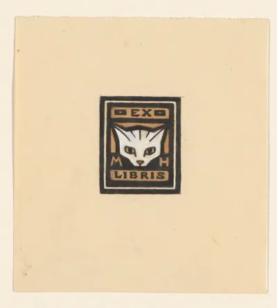 Ontwerp voor een ex libris met de initialen M.H. en de kop van een kat