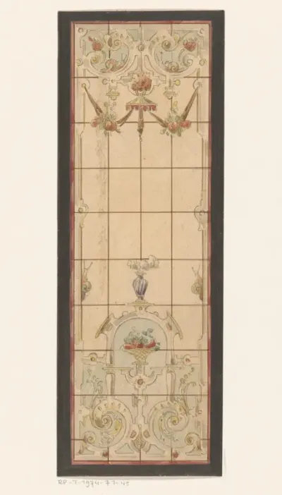 Ontwerp voor een glas in loodraam met bloemen, vruchten en slakken