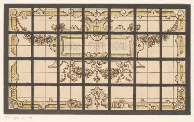 Ontwerp voor een glas in loodraam met cartouche en guirlandes