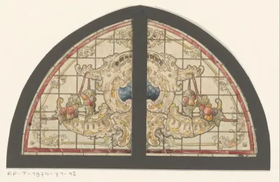 Ontwerp voor een glas in loodraam met cartouche met bloementrossen