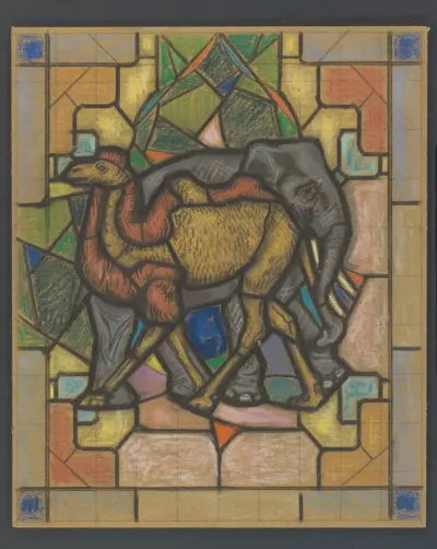 Ontwerp voor een glas in loodraam met een kameel en olifant