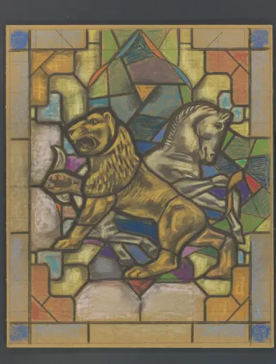 Ontwerp voor een glas in loodraam met een leeuw en paard