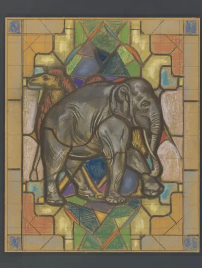 Ontwerp voor een glas in loodraam met een olifant en kameel
