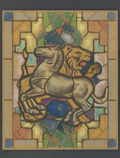 Ontwerp voor een glas in loodraam met een paard en leeuw